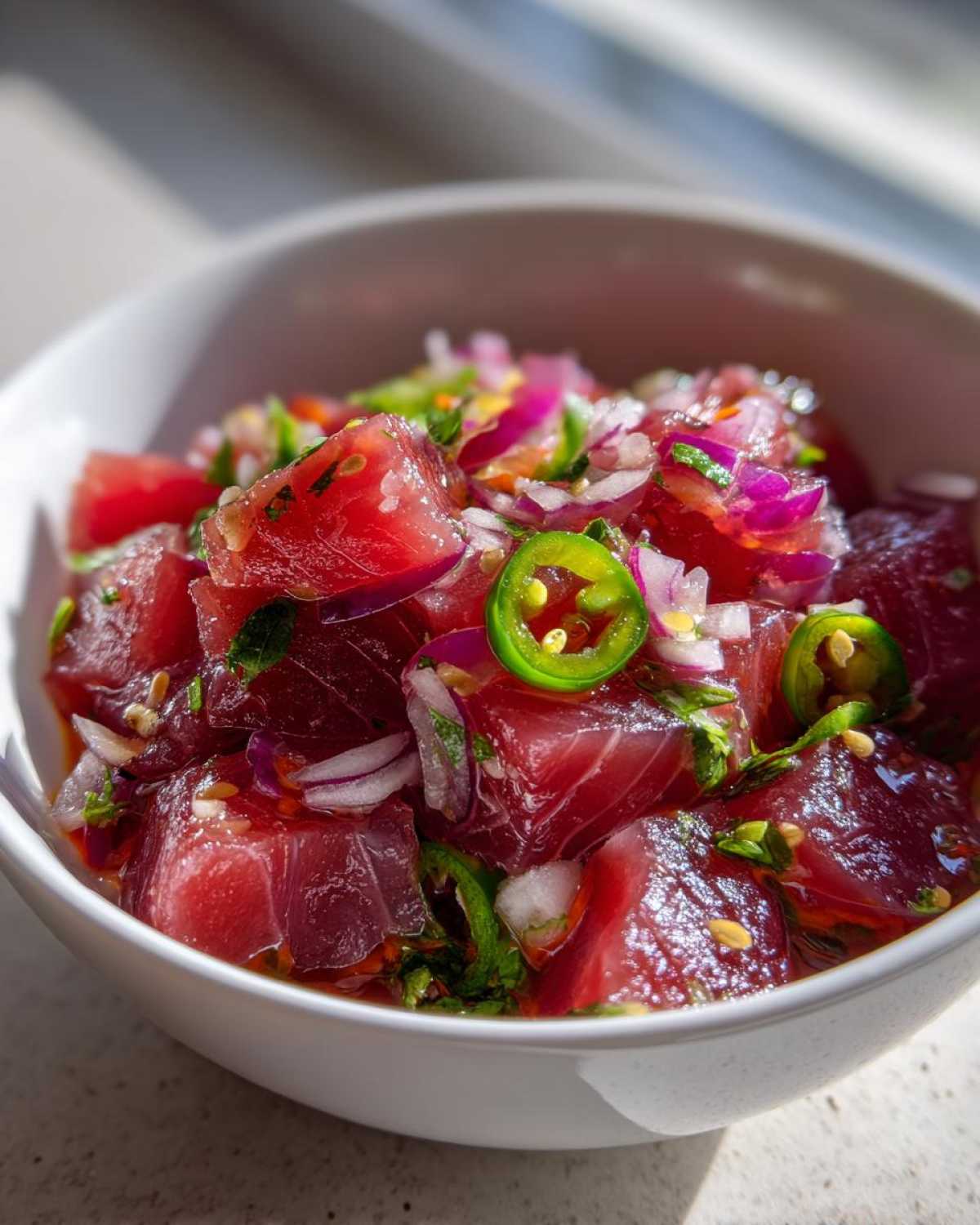 Close-up of fresh tuna ceviche cubes mixed with red onion, cilantro, and bright green jalapeƱo slices.