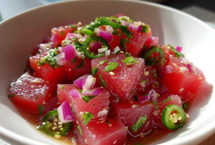 Close-up of bright red tuna ceviche cubes mixed with red onion, cilantro, and jalapeño slices.