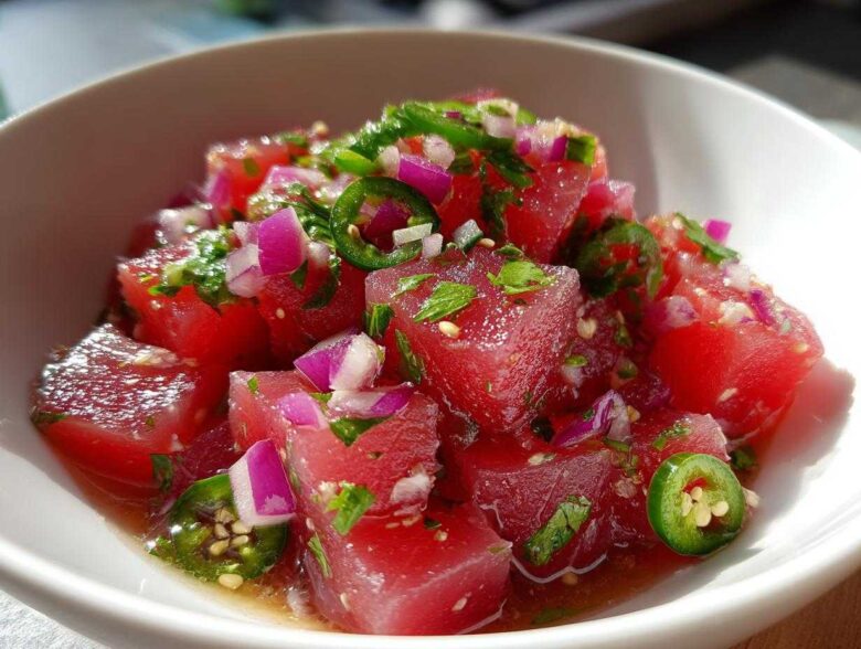 Close-up of bright red tuna ceviche cubes mixed with red onion, cilantro, and jalapeƱo slices.