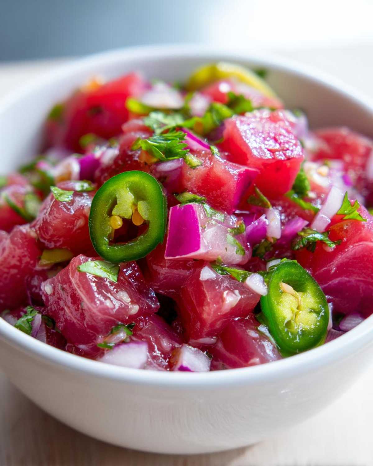Close-up of fresh tuna ceviche cubes mixed with red onion, cilantro, and topped with bright green jalapeƱo slices.