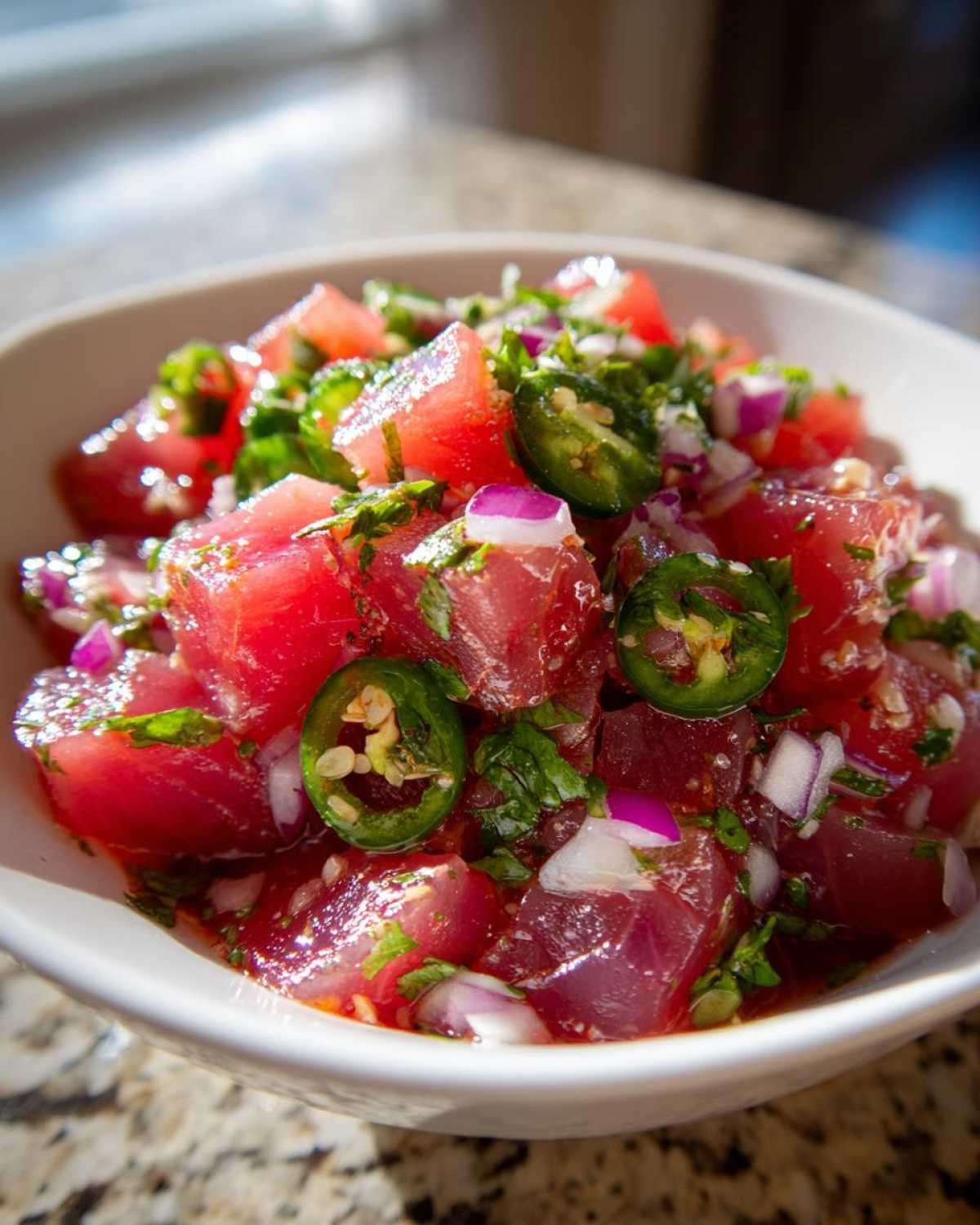 Close-up of fresh tuna ceviche cubes mixed with red onion, cilantro, and bright green jalapeƱo slices.
