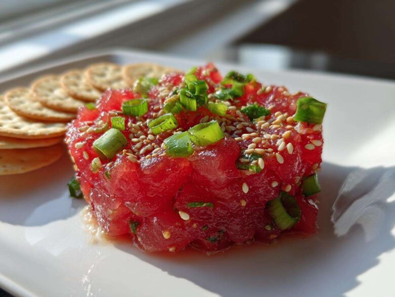 Close-up of bright red, cubed Tuna Tartare Recipe garnished with sesame seeds and green onions, served next to crackers.