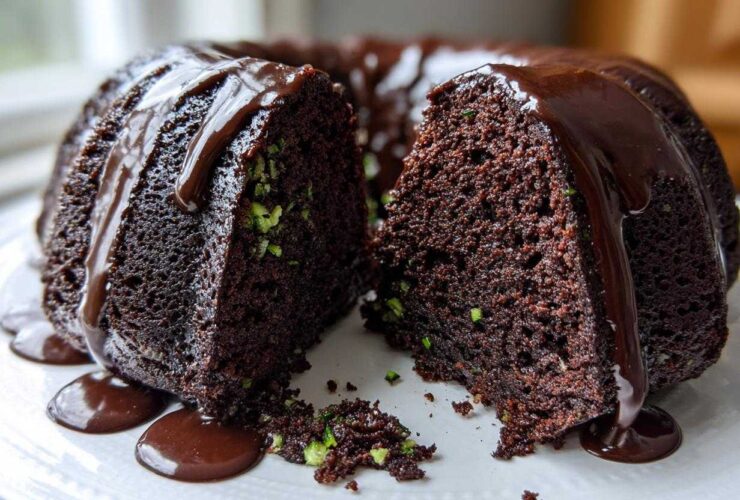 A rich, dark chocolate bundt cake, cut open to show green zucchini shreds inside, covered in dripping chocolate glaze.