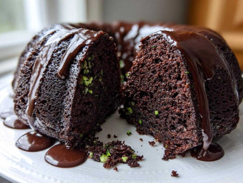 A rich, dark chocolate bundt cake, cut open to show green zucchini shreds inside, covered in dripping chocolate glaze.