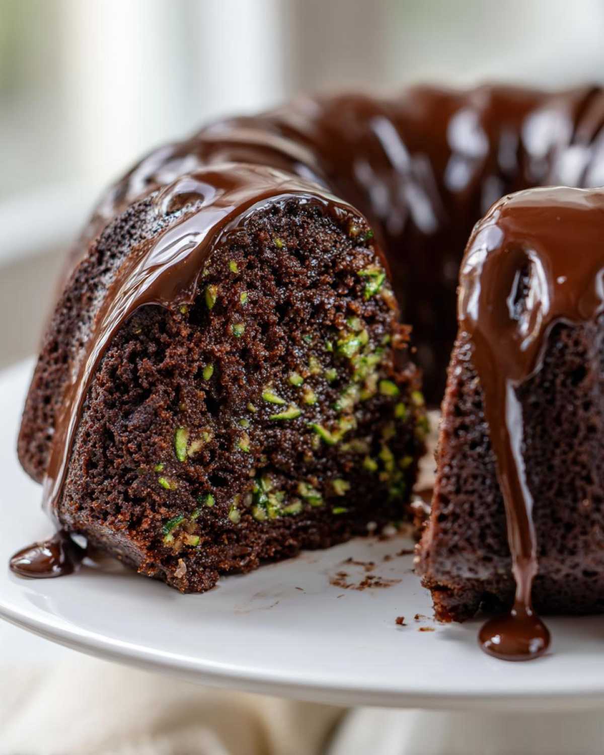 Close-up of a slice cut from a rich, dark chocolate bundt cake, showing green zucchini shreds inside, topped with glossy chocolate glaze.