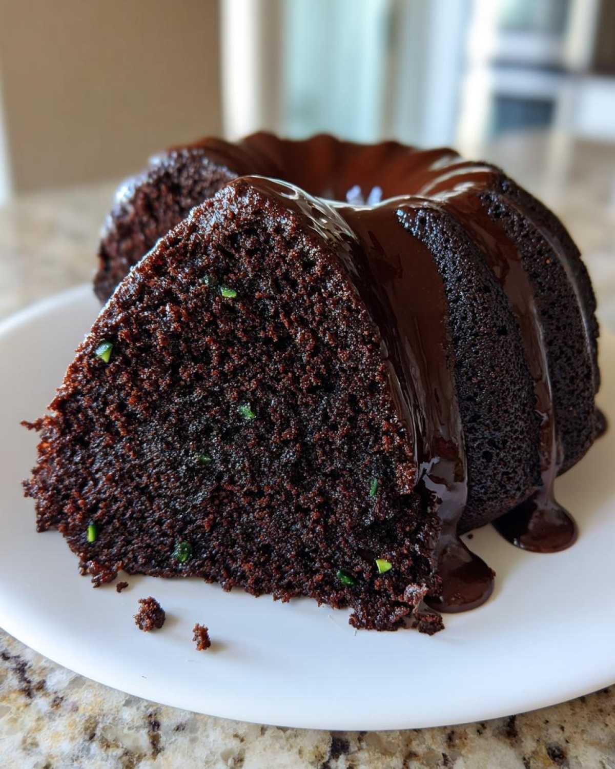 A slice cut from a rich, dark Viral Double Chocolate Zucchini Bundt Cake, covered in glossy chocolate glaze.