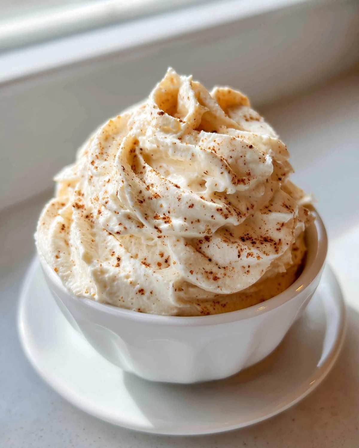 A close-up of fluffy, whipped cinnamon butter generously piled high in a small white bowl, dusted with cinnamon.