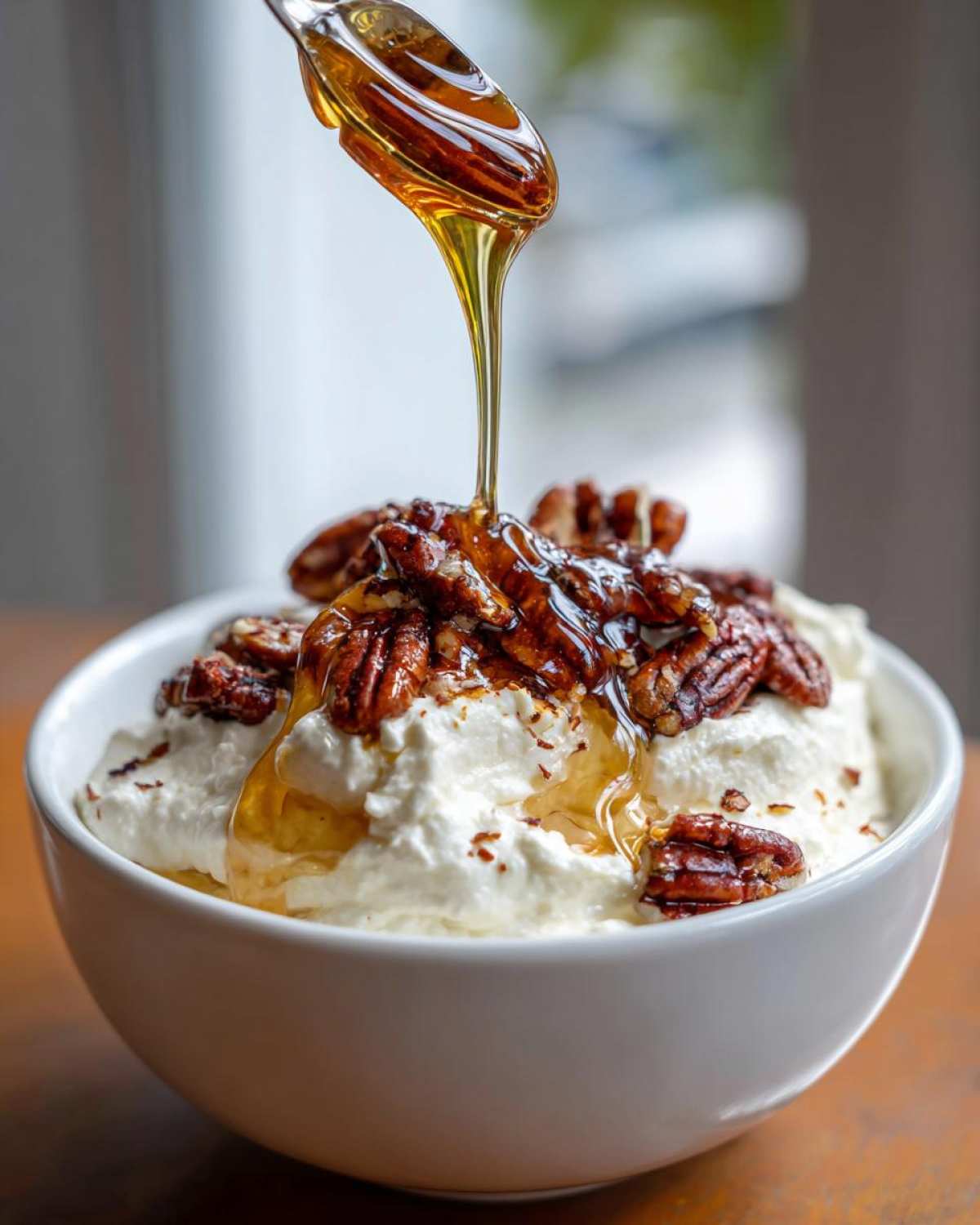 A white bowl filled with creamy whipped goat cheese, topped with pecans and drizzled with honey.
