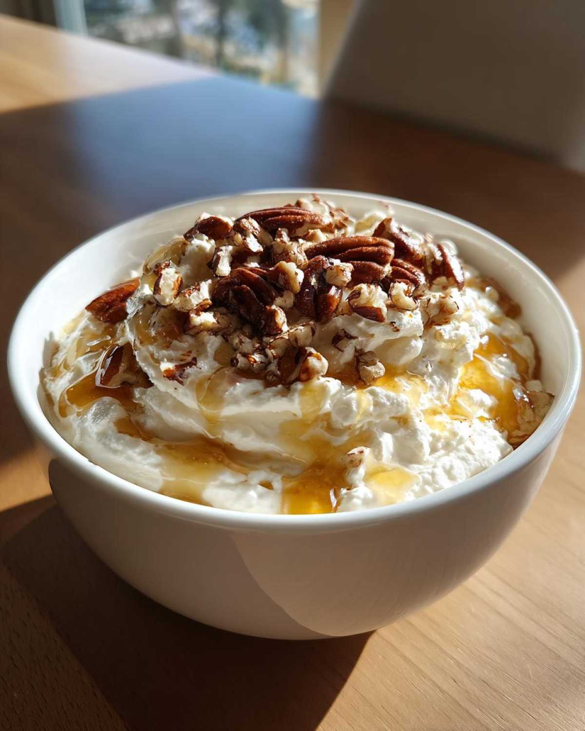 A white bowl filled with creamy whipped goat cheese topped generously with pecans and drizzled honey.