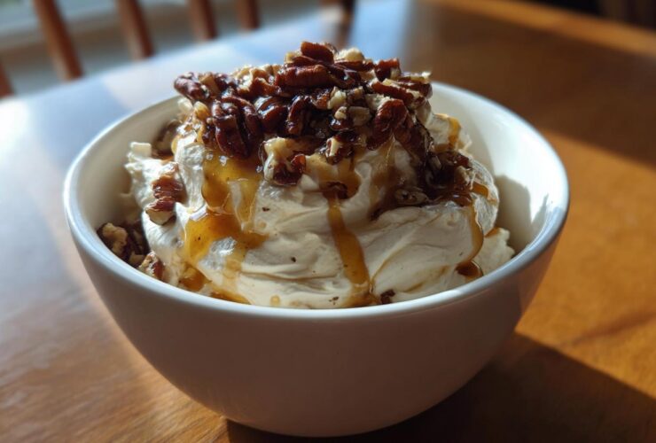 A bowl of creamy whipped goat cheese topped with candied pecans and a drizzle of honey.