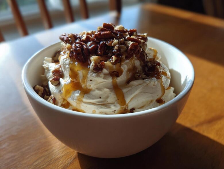 A bowl of creamy whipped goat cheese topped with candied pecans and a drizzle of honey.