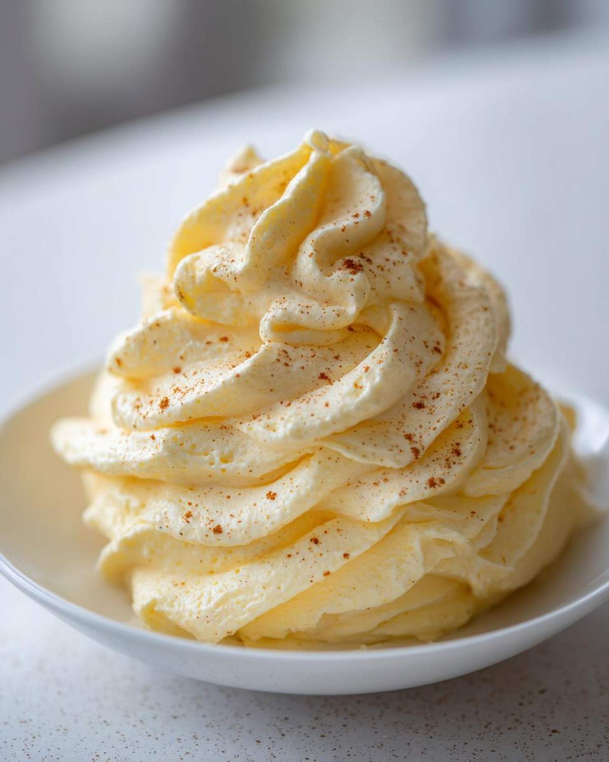 A swirl of light yellow, fluffy whipped honey butter topped with a sprinkle of cinnamon.
