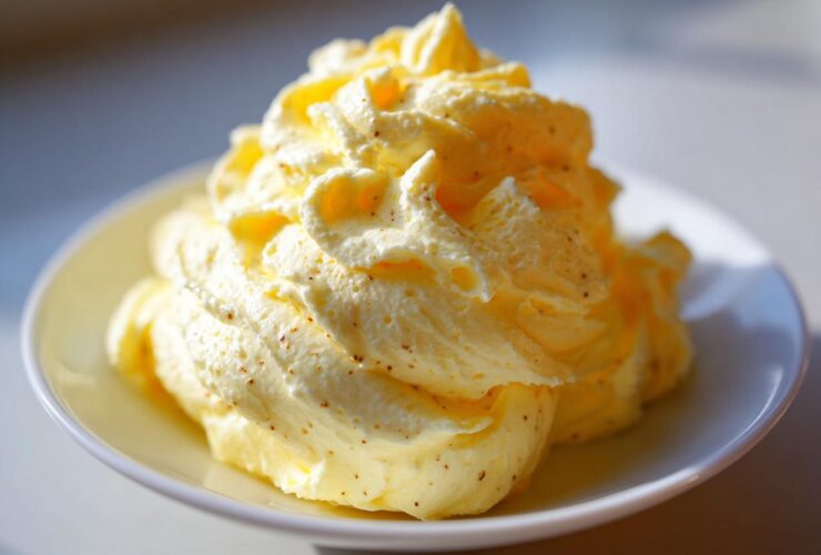 Close-up of a large swirl of light yellow, whipped honey butter, speckled with tiny brown flecks, served on a small white dish.