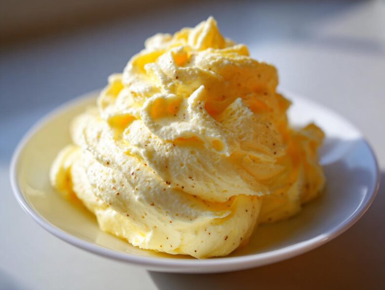 Close-up of a large swirl of light yellow, whipped honey butter, speckled with tiny brown flecks, served on a small white dish.