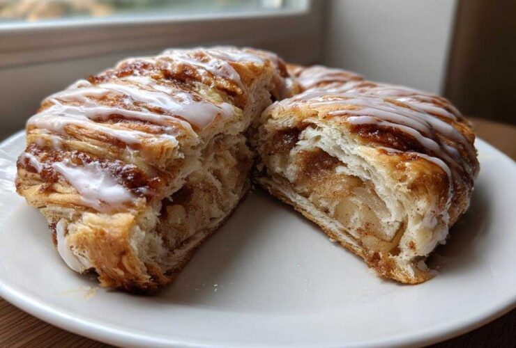 A cross-section view of a flaky Wisconsin apple kringle recipe pastry, filled with spiced apples and topped with white icing.