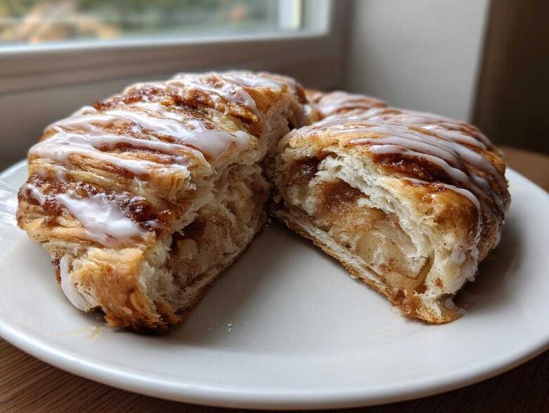 A cross-section view of a flaky Wisconsin apple kringle recipe pastry, filled with spiced apples and topped with white icing.