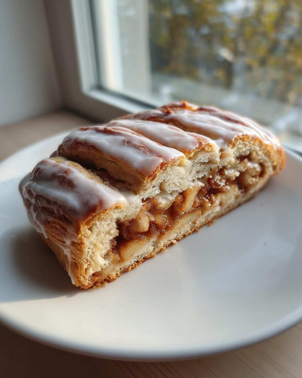 A cross-section slice of a delicious wisconsin apple kringle recipe, showing flaky pastry and cinnamon apple filling topped with white icing.