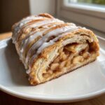 A delicious slice of homemade wisconsin apple kringle, featuring flaky pastry and cinnamon apple filling, drizzled with white icing.