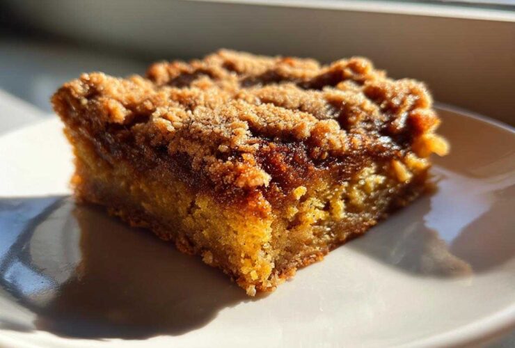 A close-up, sunlit view of a single square of Zucchini Crumble Bars with a thick, golden-brown streusel topping.