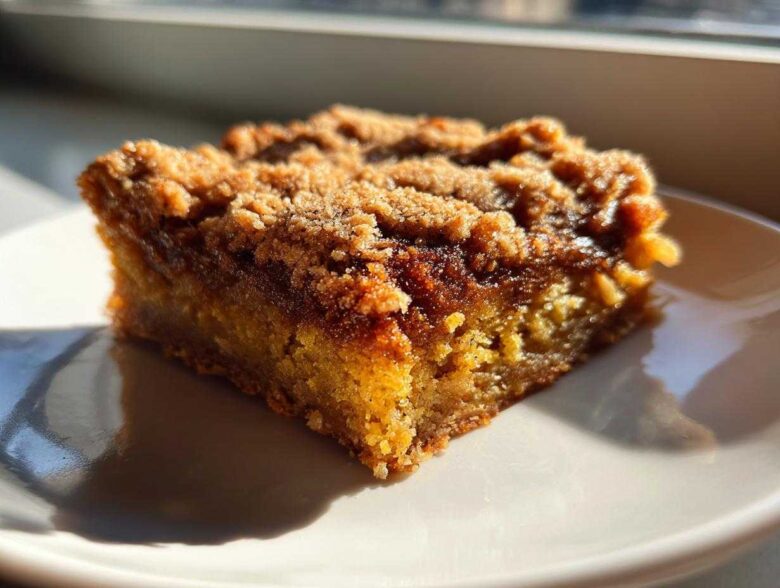 A close-up, sunlit view of a single square of Zucchini Crumble Bars with a thick, golden-brown streusel topping.