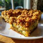 A close-up, sunlit serving of Zucchini Crumble Bars showing the moist filling and golden brown streusel topping.