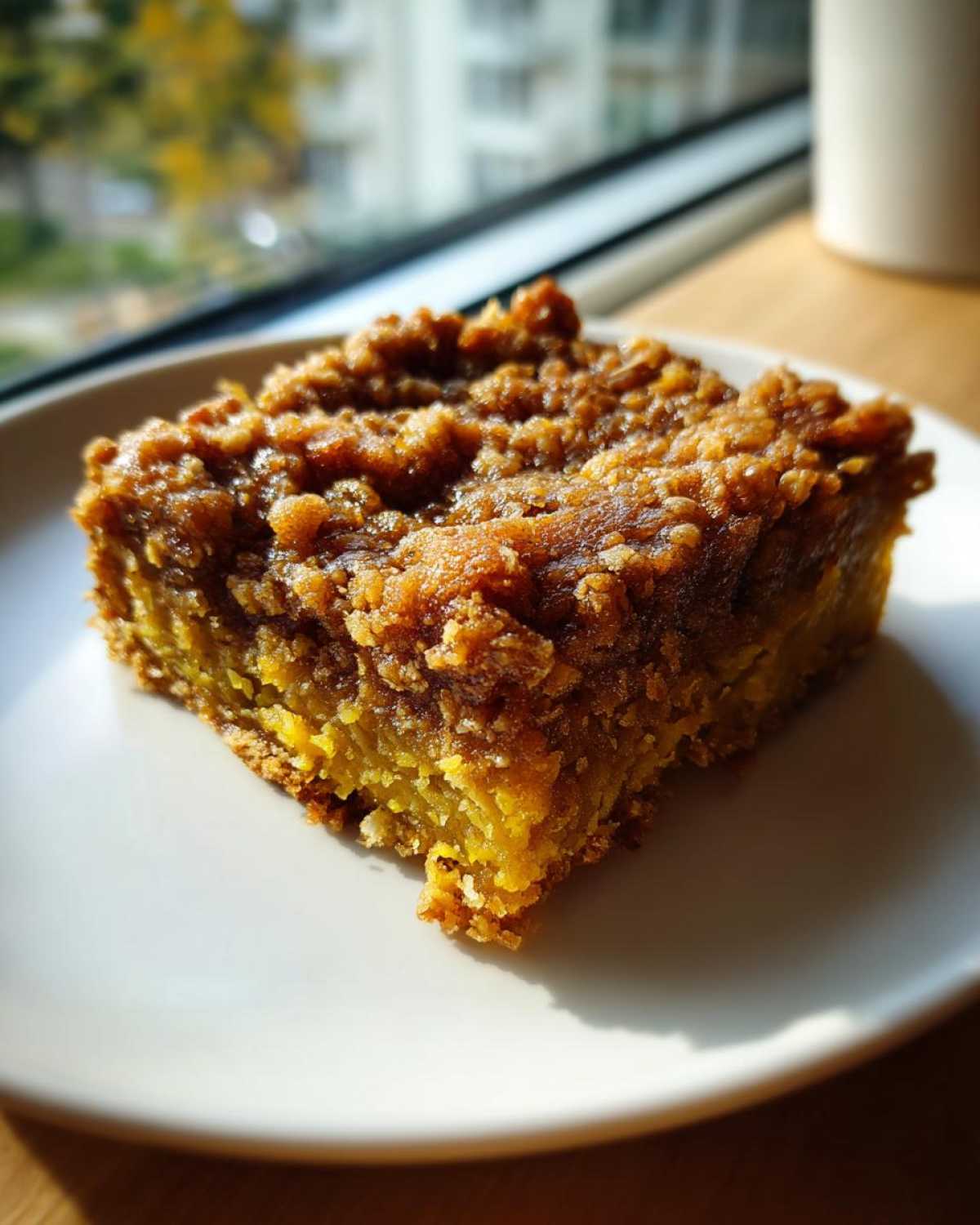 A close-up of a single square of Zucchini Crumble Bars with a thick, golden-brown crumble topping, resting on a white plate.