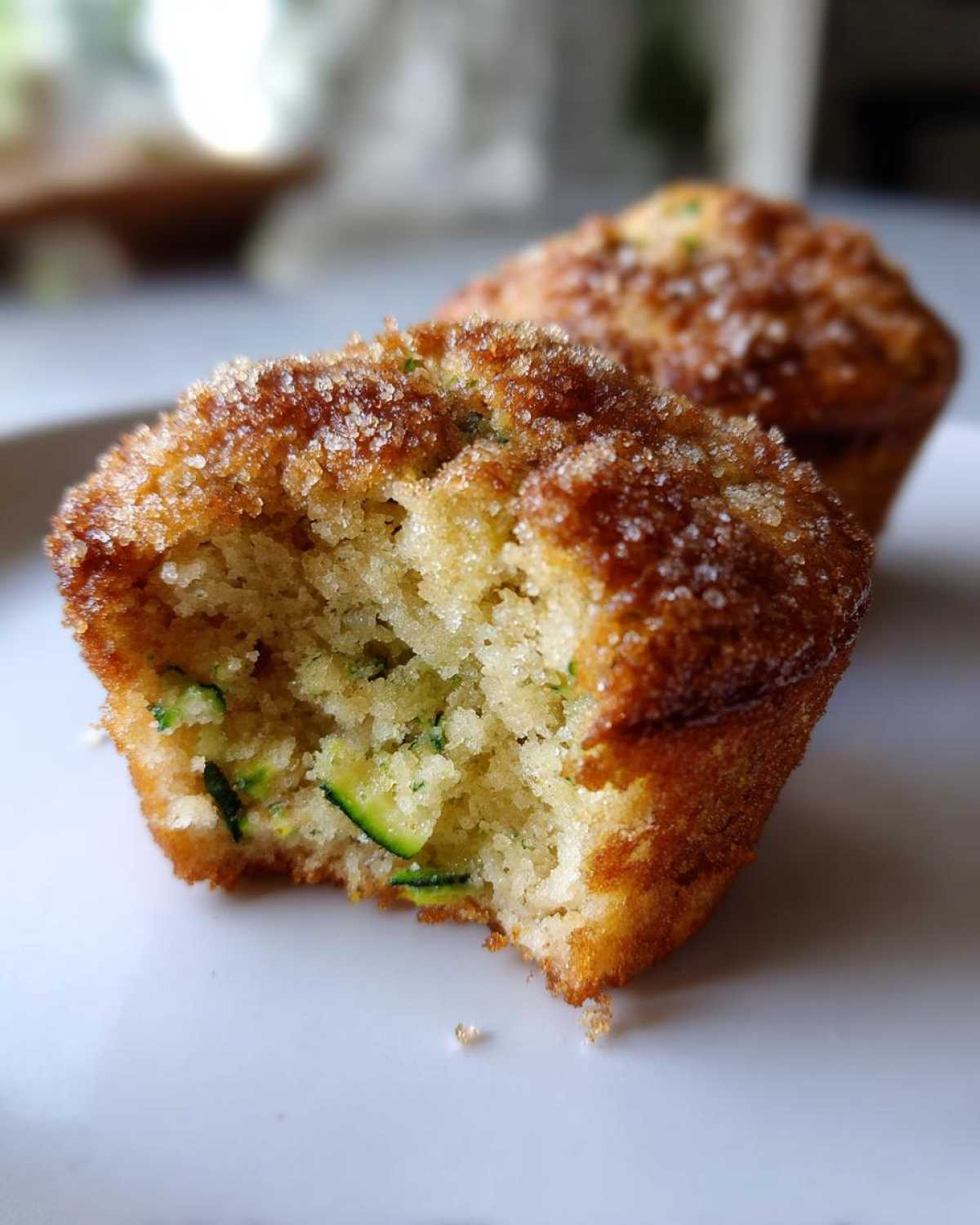 Close-up of a Zucchini Streusel Muffin broken open, showing moist crumb and shredded zucchini, topped with coarse sugar.