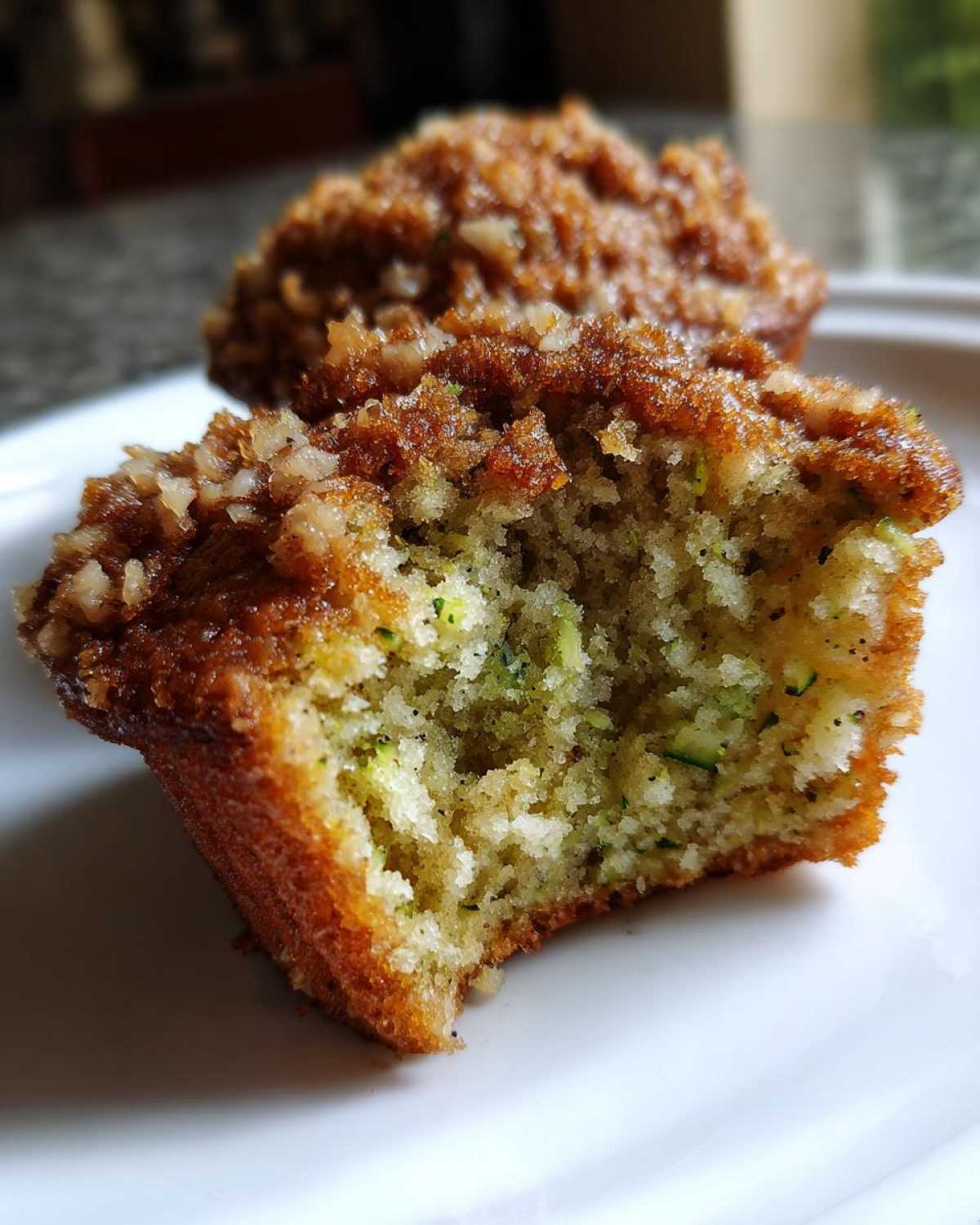 Close-up of a Zucchini Streusel Muffins cut in half showing moist interior with shredded zucchini and crumb topping.
