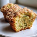 A Zucchini Streusel Muffin cut in half showing moist interior with green zucchini shreds and a crunchy, sugary streusel topping.