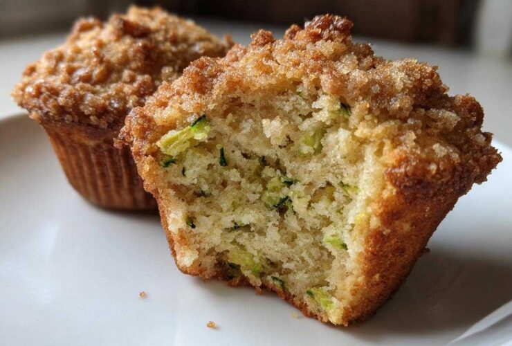 Close-up of a Zucchini Streusel Muffin cut in half showing moist crumb and green zucchini shreds, topped with streusel.