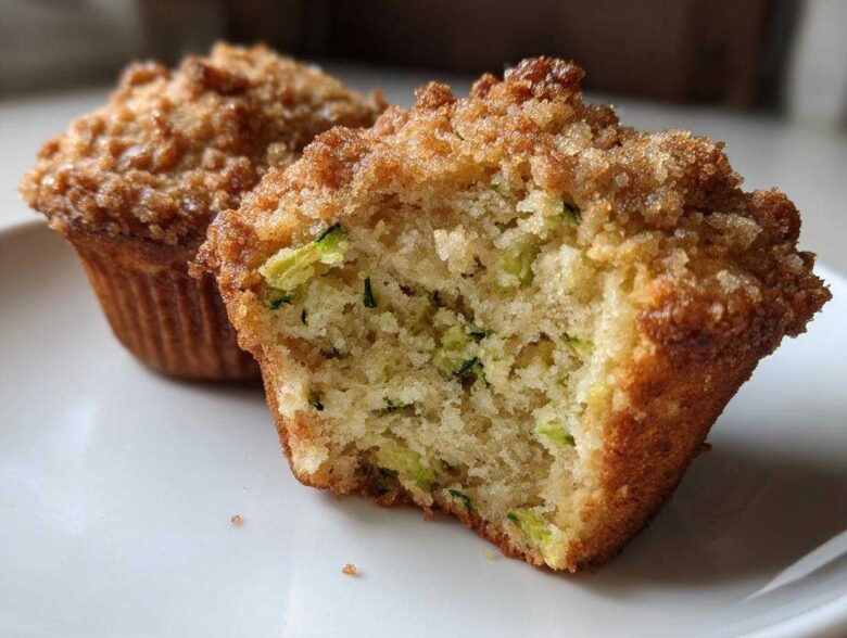 Close-up of a Zucchini Streusel Muffin cut in half showing moist crumb and green zucchini shreds, topped with streusel.