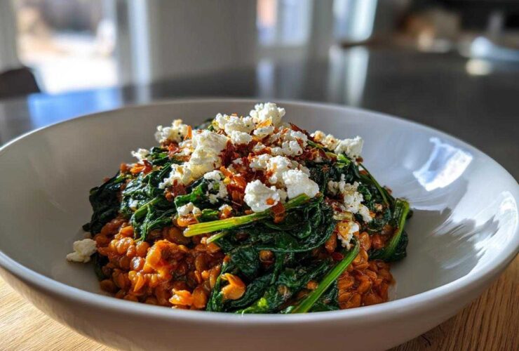A close-up of a white bowl filled with the 1 Pot Feta and Lentil Spinach Dinner, topped with crumbled feta.