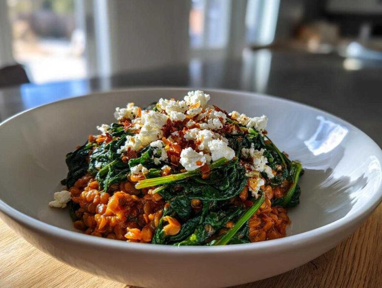 A close-up of a white bowl filled with the 1 Pot Feta and Lentil Spinach Dinner, topped with crumbled feta.