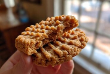 A hand holding a peanut butter cookie broken in half, showing the soft, crumbly interior texture of the peanut butter cookies.