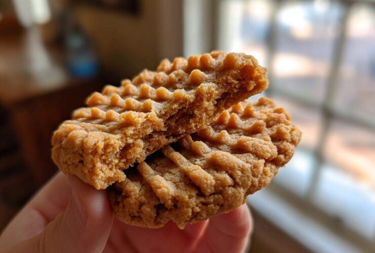 A hand holding a peanut butter cookie broken in half, showing the soft, crumbly interior texture of the peanut butter cookies.