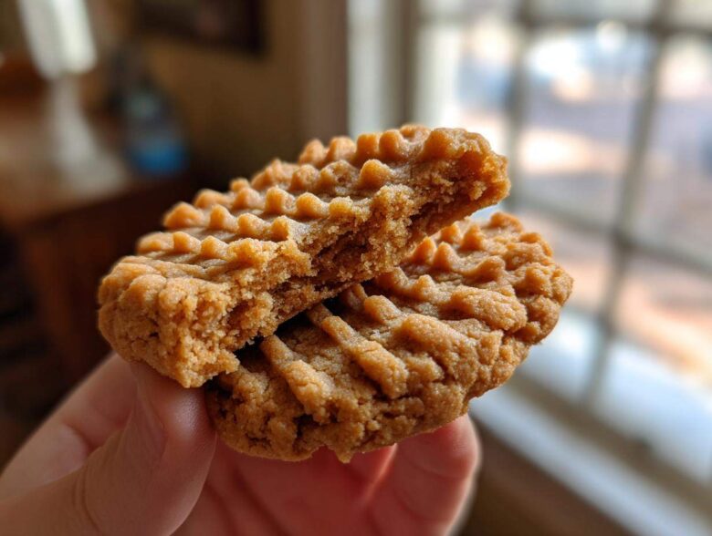 A hand holding a peanut butter cookie broken in half, showing the soft, crumbly interior texture of the peanut butter cookies.