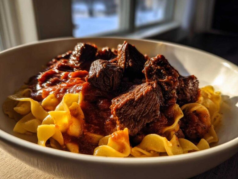 A close-up of rich, slow-cooked beef ragu served over wide egg noodles, capturing The Authentic Flavor Experience.