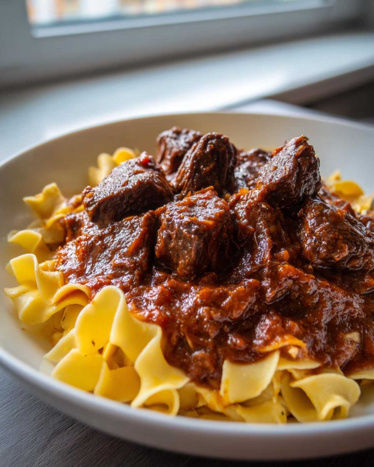 Close-up of rich, dark beef ragu served over wide egg noodles, capturing The Authentic Flavor Experience.