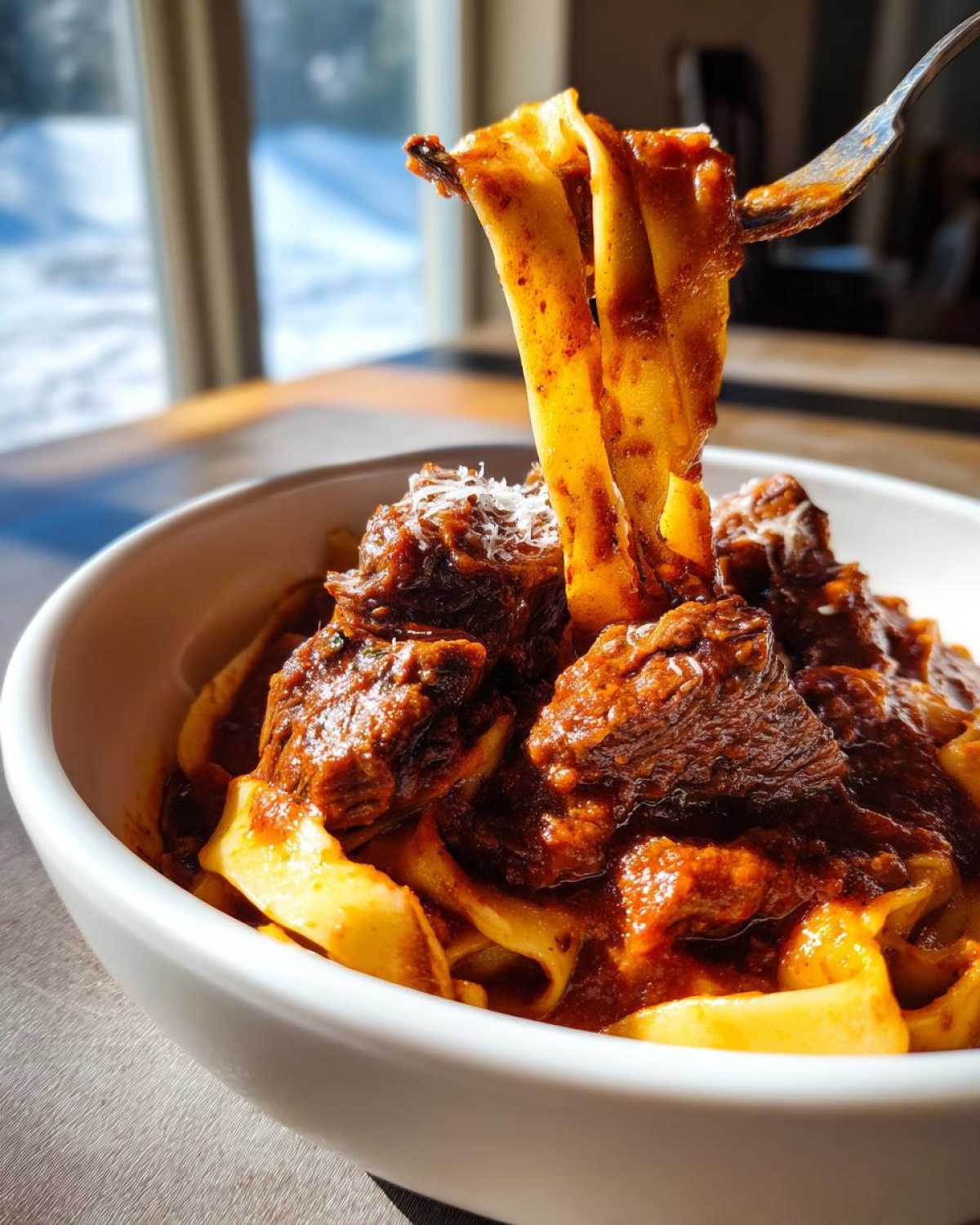 A fork lifts rich, saucy pappardelle pasta covered in slow-cooked beef ragu, showcasing The Authentic Flavor Experience.
