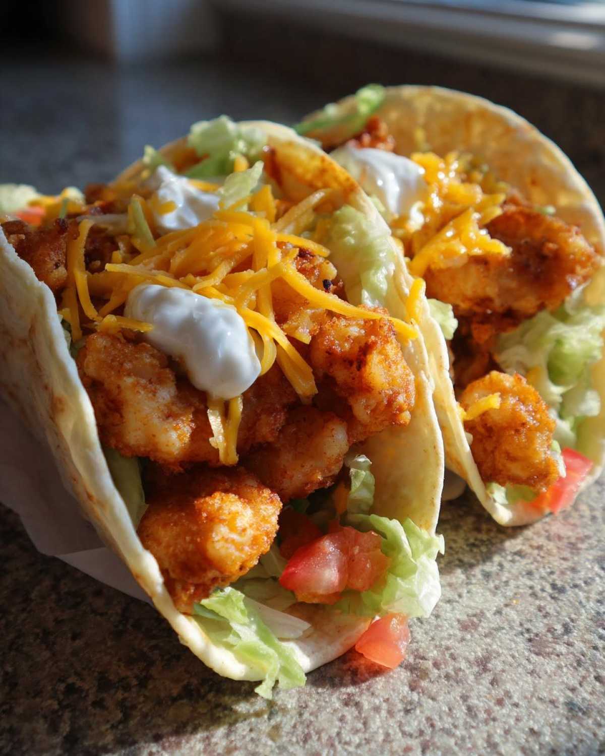Two soft shell tacos filled with crispy air fried fish, shredded lettuce, tomatoes, cheese, and sour cream, ready to eat as Air Fried Fish Walking Tacos.