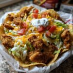A close-up of fully loaded Air Fried Fish Walking Tacos served in a paper-lined container, topped with crispy fish, lettuce, cheese, tomatoes, and sour cream.