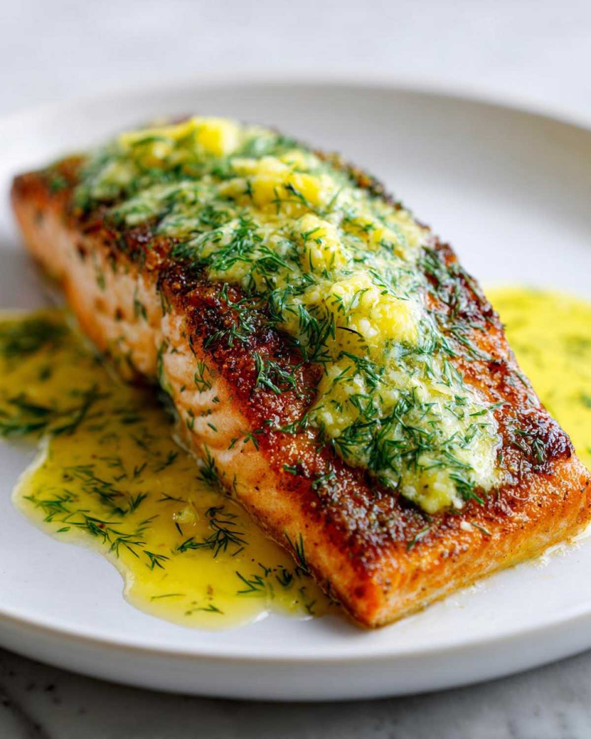 Close-up of a perfectly cooked Air Fryer Fish fillet topped with melted lemon dill butter.
