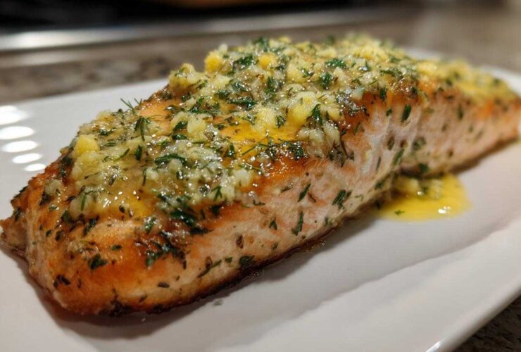 Close-up of a perfectly cooked salmon fillet prepared using the Air Fryer Fish method, topped with melted butter, garlic, and herbs.