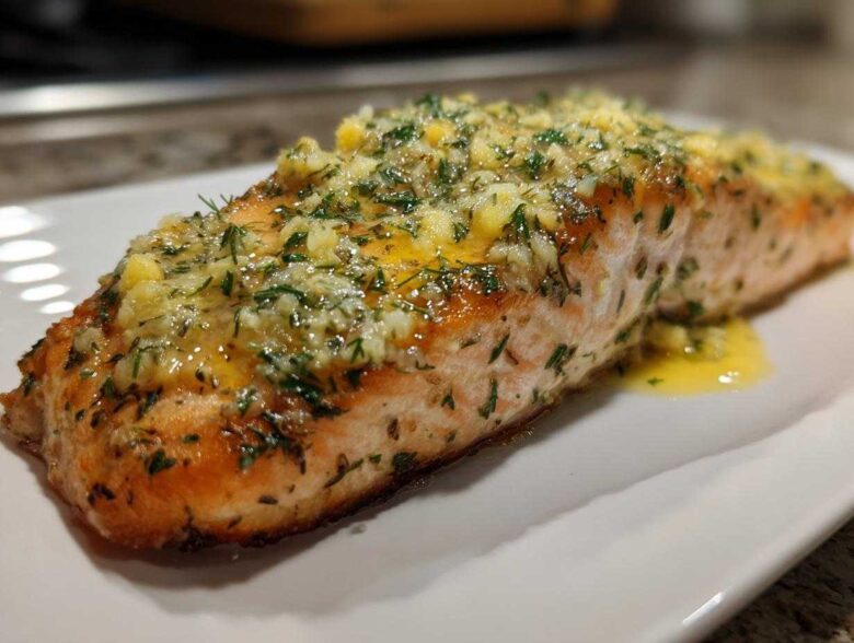 Close-up of a perfectly cooked salmon fillet prepared using the Air Fryer Fish method, topped with melted butter, garlic, and herbs.