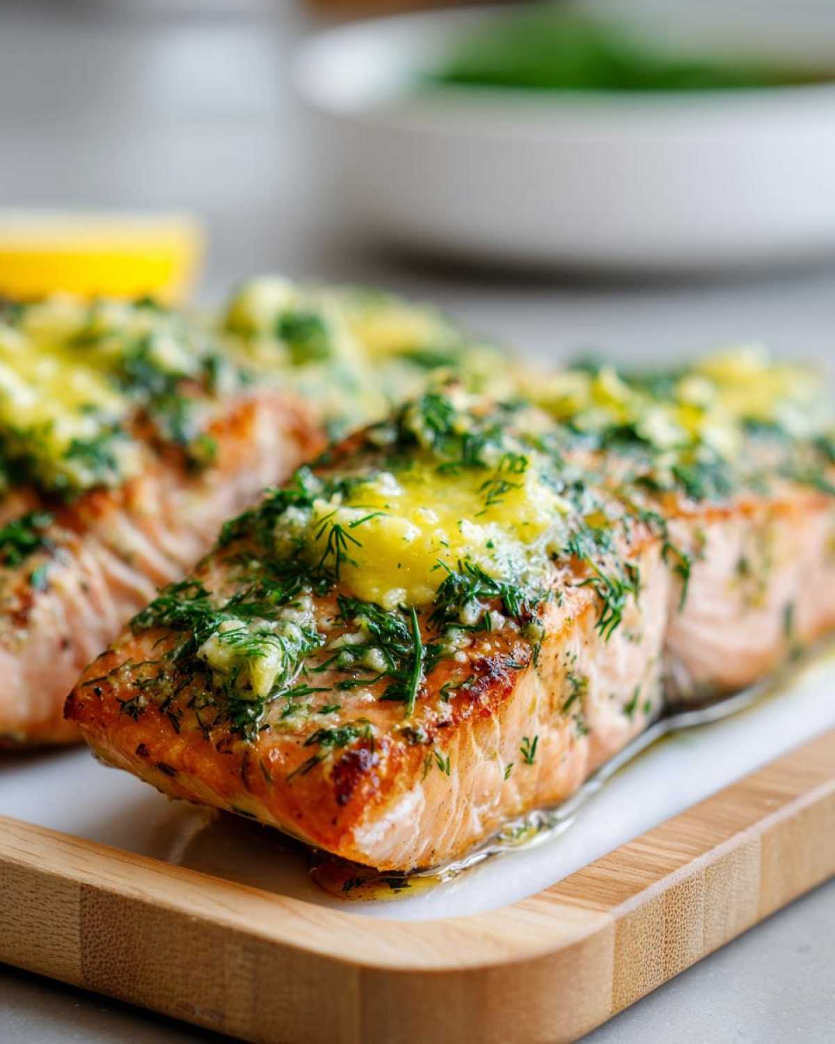 Close-up of perfectly cooked Air Fryer Fish (salmon) topped with melting herb and garlic butter.