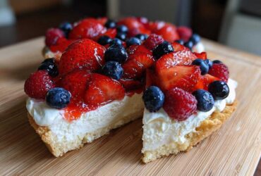 A close-up slice cut from an Amazing Berry Fruit Pizza showing a cookie crust, cream cheese filling, and topping of strawberries, blueberries, and raspberries.