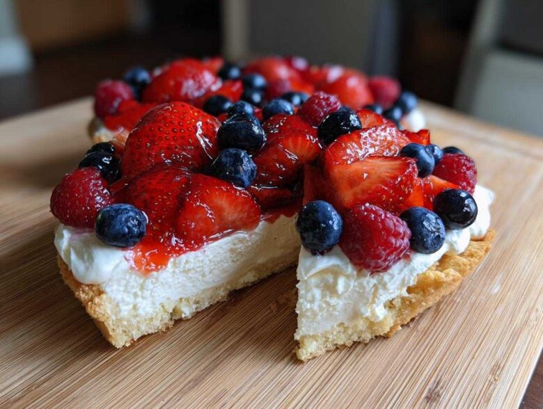 A close-up slice cut from an Amazing Berry Fruit Pizza showing a cookie crust, cream cheese filling, and topping of strawberries, blueberries, and raspberries.