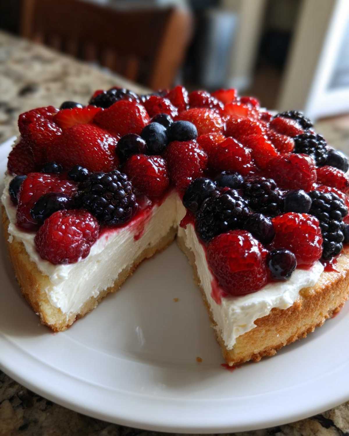 A close-up of a Berry Fruit Pizza with a slice removed, showing the thick cream cheese layer and mixed berries.
