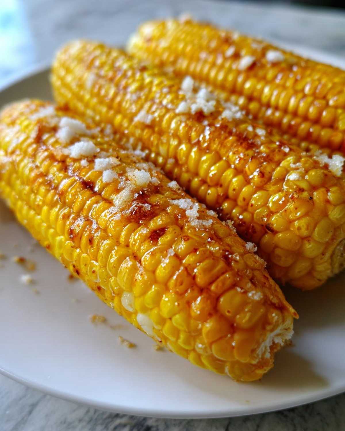 Three ears of glistening, bright yellow Buttered Corn topped with coarse salt and spices on a white plate.