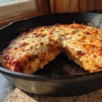 A thick-crust Cast Iron Skillet Pizza with a slice removed, showing melted, bubbly cheese and rich sauce.